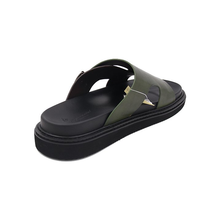 Custom italian handmade Summer Slipper with dark green calf Leather up and soft PU Insole Leather Beach for Outdoor Use