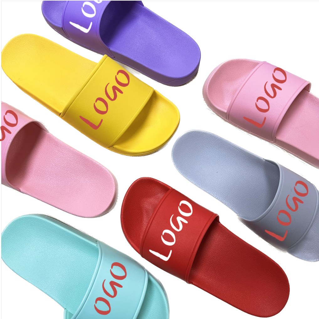 Black On Outsole Flat Slide Sandals Girls Pvc Shoes Slippers Unisex Oem Custom Slippers Embossed Logo Footwear