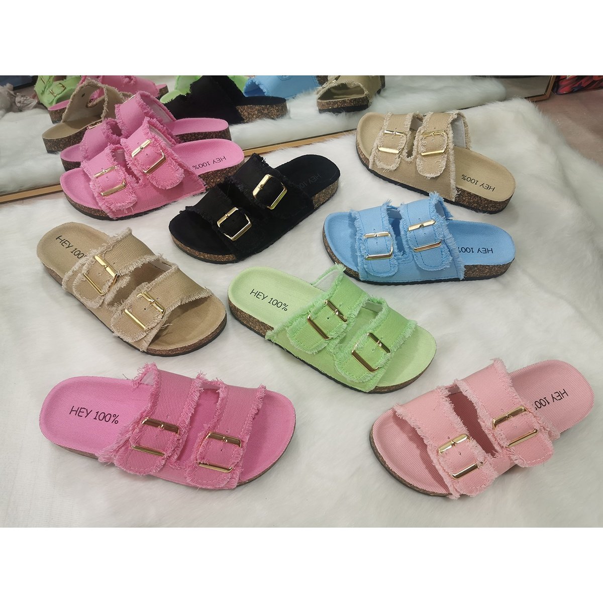 Double Strap Denim Cloth Women's Slides with Double Buckle Linen Cloth Girl's Slipper