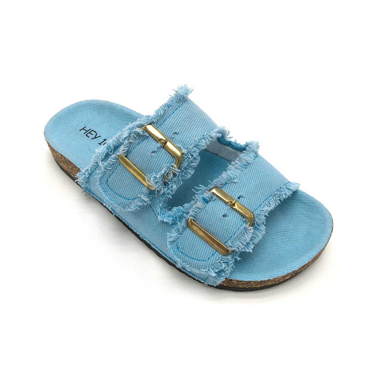Double Strap Denim Cloth Women's Slides with Double Buckle Linen Cloth Girl's Slipper