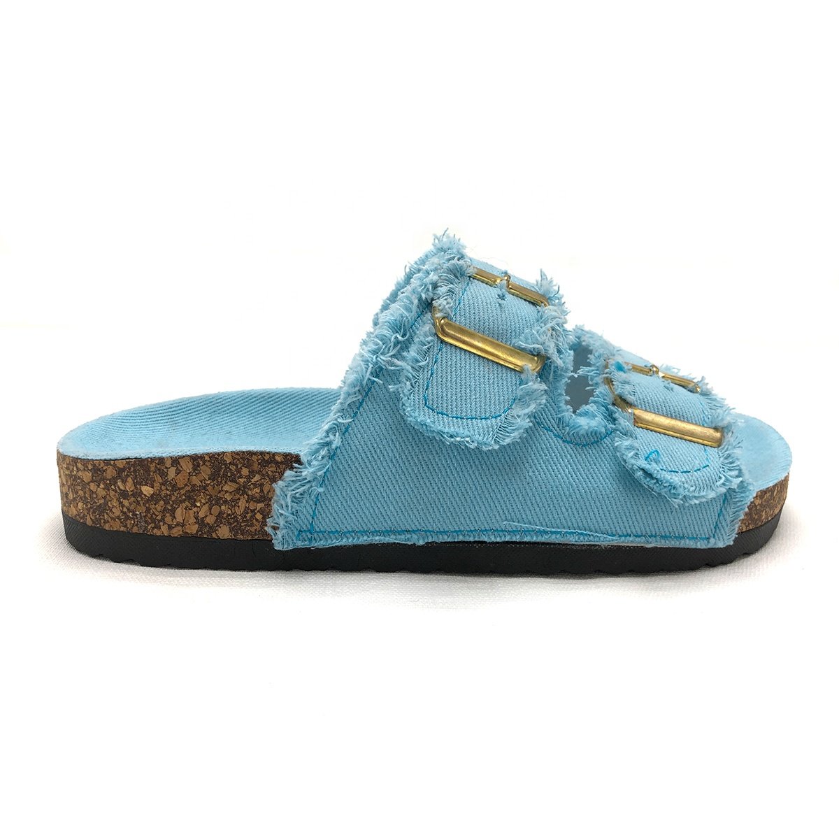 Double Strap Denim Cloth Women's Slides with Double Buckle Linen Cloth Girl's Slipper