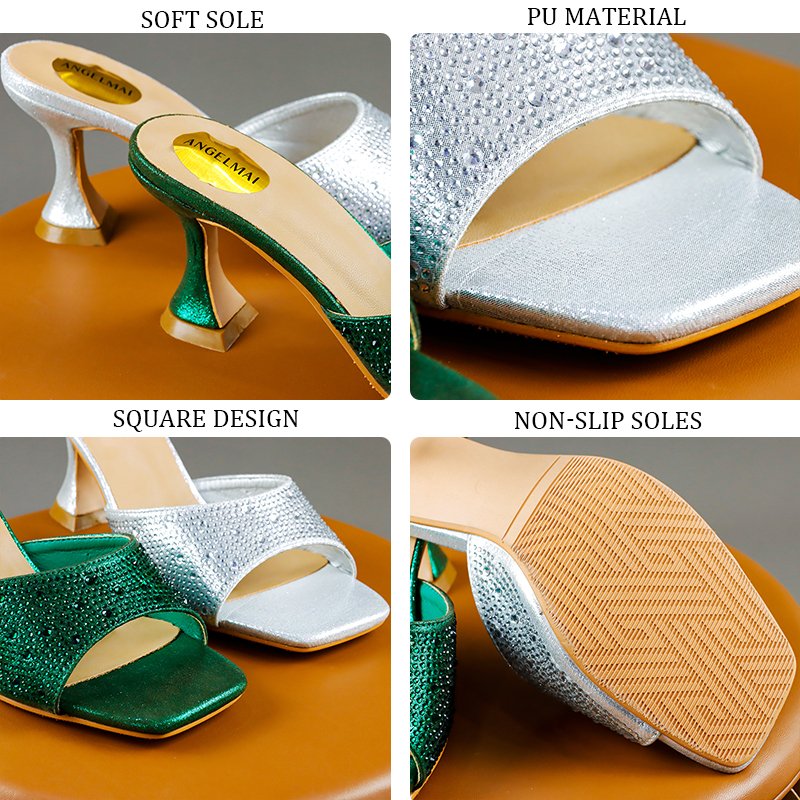 Manufacturer Wholesale Women Slide Slipper Square Head Bespread Rhinestone Ladies Heels Tapered Thick High Heels Sandals Slipper