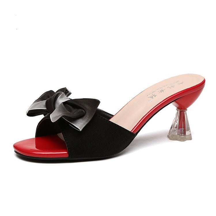 New toe leather slides lady shoes bow crystal kitten slippers women sandals shoes