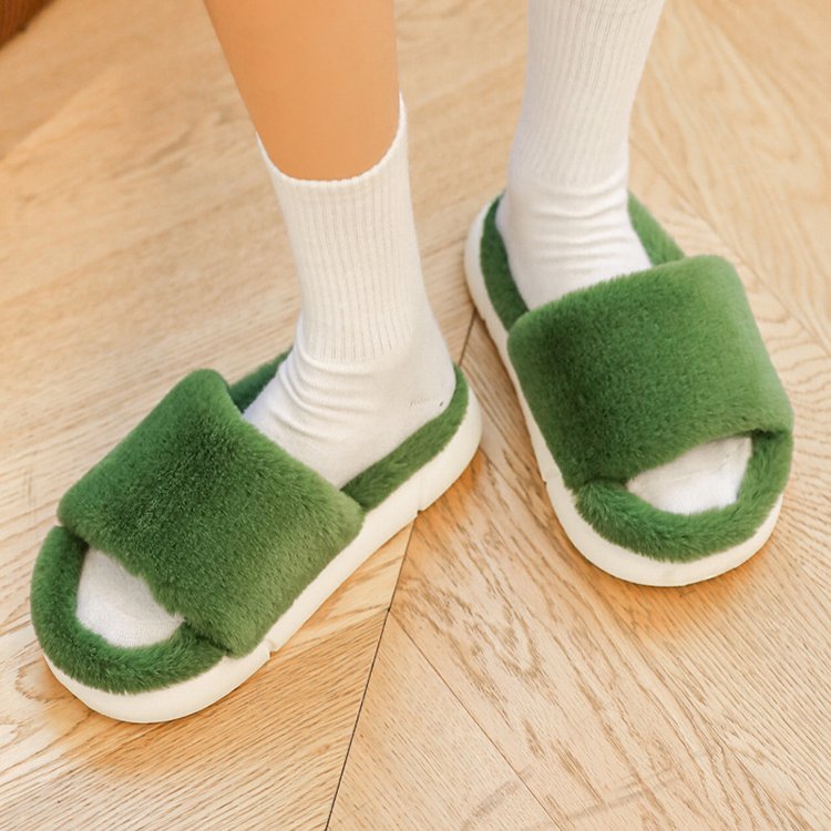 Girls Pink Cute Winter Soft One Strap Shoes Thick Sole Fluffy Fur Slides Puff Slippers for Women