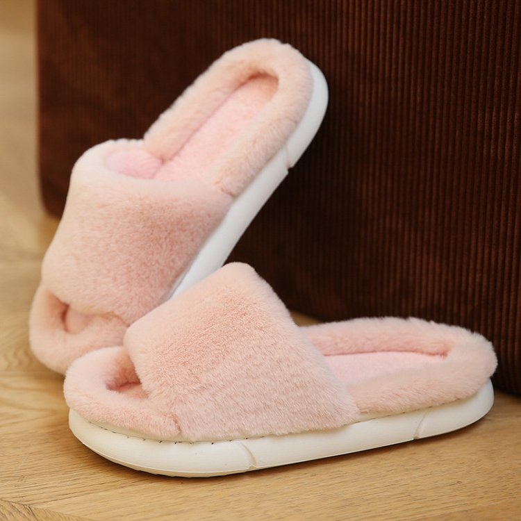 Girls Pink Cute Winter Soft One Strap Shoes Thick Sole Fluffy Fur Slides Puff Slippers for Women