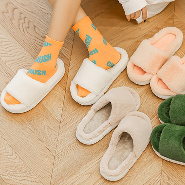 Girls Pink Cute Winter Soft One Strap Shoes Thick Sole Fluffy Fur Slides Puff Slippers for Women