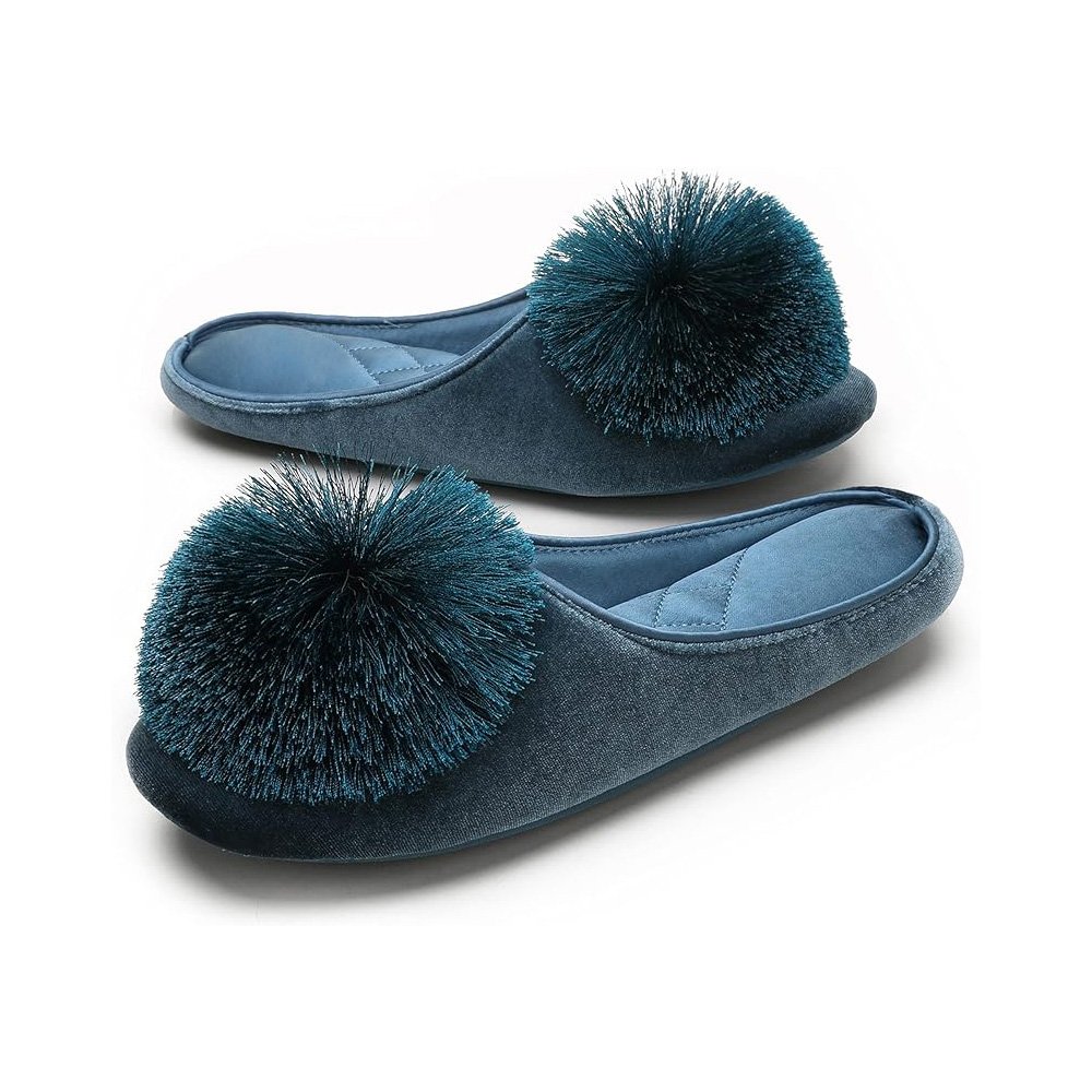 Women's Portable Indoor Bedroom Slippers with Fluffy Pom-pom Sexy Soft House Shoes with TPR Sole Ballet Style Slippers