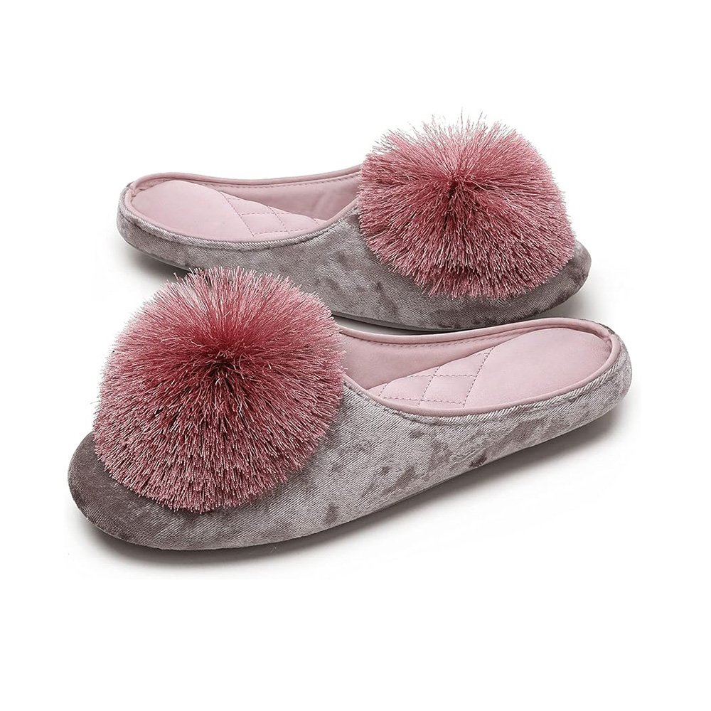 Women's Portable Indoor Bedroom Slippers with Fluffy Pom-pom Sexy Soft House Shoes with TPR Sole Ballet Style Slippers