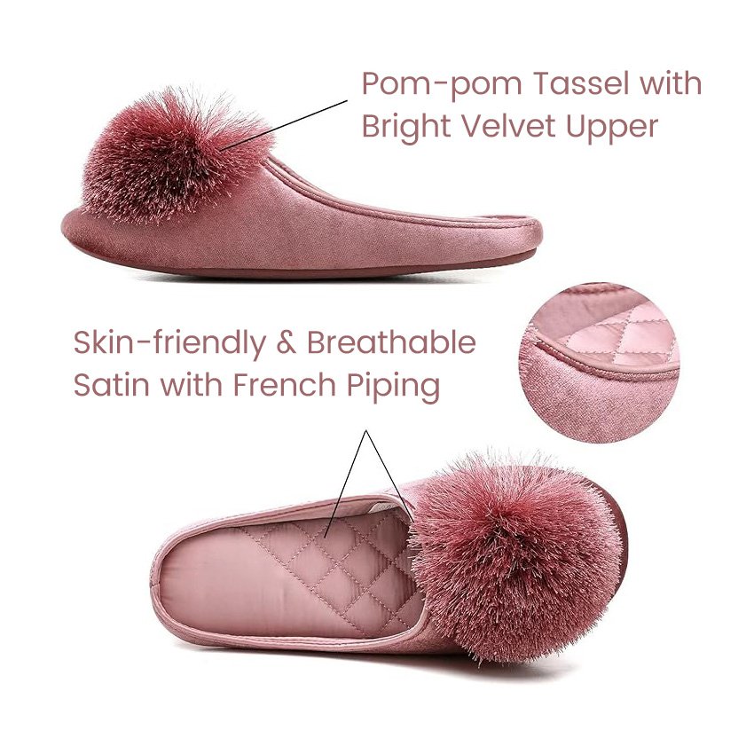 Women's Portable Indoor Bedroom Slippers with Fluffy Pom-pom Sexy Soft House Shoes with TPR Sole Ballet Style Slippers