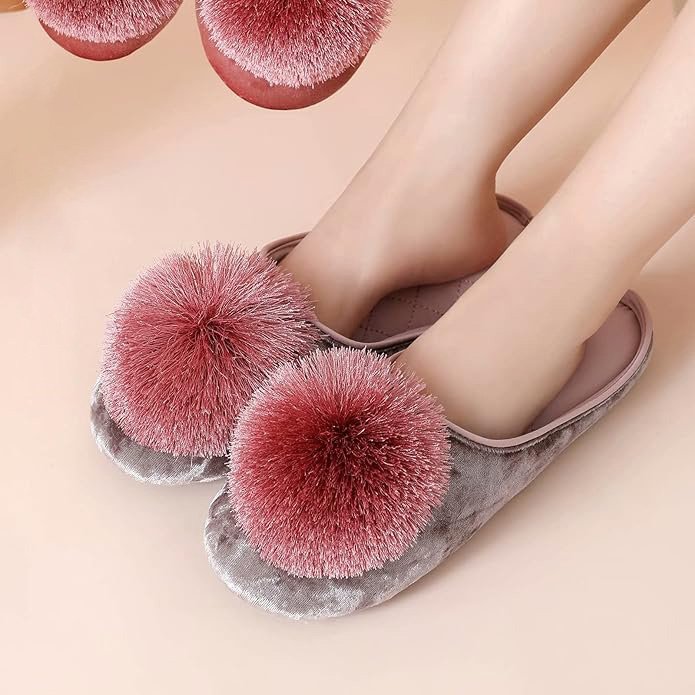 Women's Portable Indoor Bedroom Slippers with Fluffy Pom-pom Sexy Soft House Shoes with TPR Sole Ballet Style Slippers