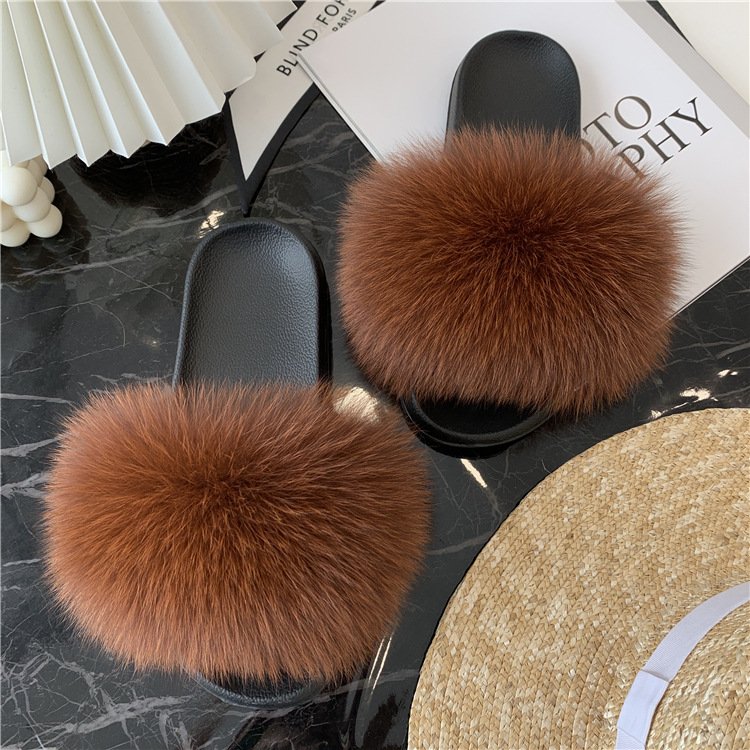 Plush Slippers Women's Outdoor Fashion Real Wool Flat Fur Sandals Soft Bottom Slide Slippers