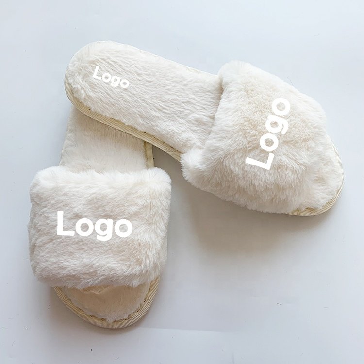 2024 Europe High Quality New Popular New Custom Logo Faux Fur Soft One Strap Flat Slides Slippers For Girls Women