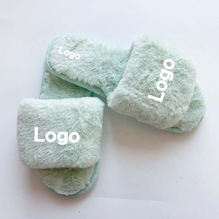 2024 Europe High Quality New Popular New Custom Logo Faux Fur Soft One Strap Flat Slides Slippers For Girls Women
