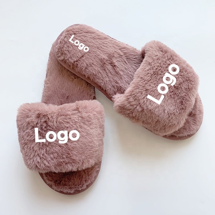 2024 Europe High Quality New Popular New Custom Logo Faux Fur Soft One Strap Flat Slides Slippers For Girls Women
