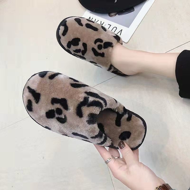 Popular Women Home Fur Slipper Leopard Pattern Autumn Winter Indoor Fluffy Sandals Non-skid Slides Plush slippers