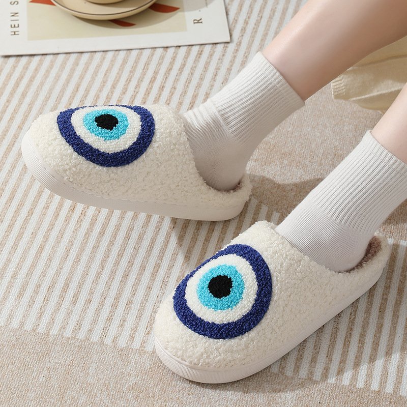 Fashion Cute Winter Warm Indoor Home House Bedroom Cotton Flat Evil Eyes Slides Slippers For Women Men
