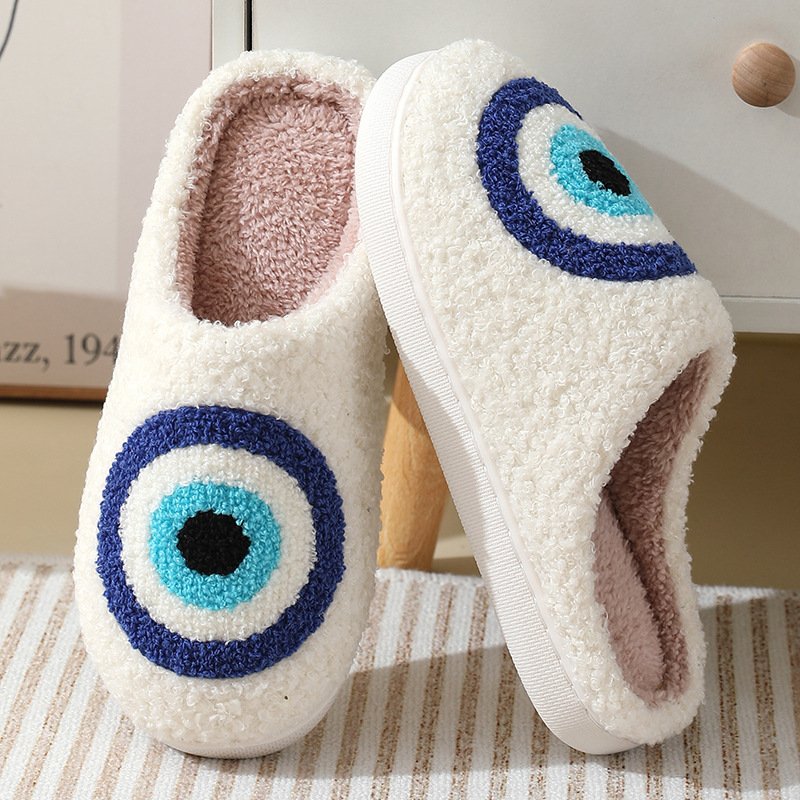 Fashion Cute Winter Warm Indoor Home House Bedroom Cotton Flat Evil Eyes Slides Slippers For Women Men