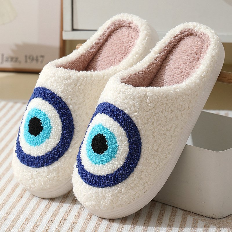 Fashion Cute Winter Warm Indoor Home House Bedroom Cotton Flat Evil Eyes Slides Slippers For Women Men
