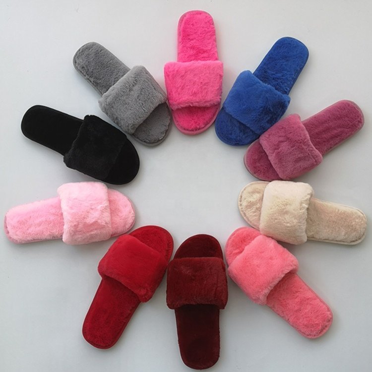 custom Sexy indoor oem logo Pink fur fluffy slides sandals slipper for women