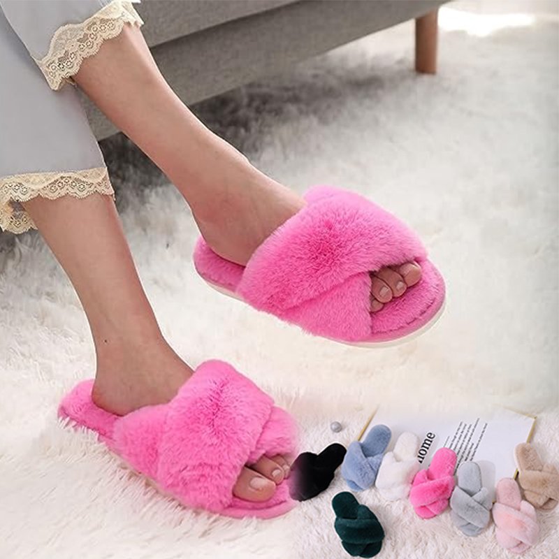 Women's Fuzzy Comfy Fur Home Slippers Cross Band Memory Foam House fluffy slippers bedroom Open Toe For Ladies