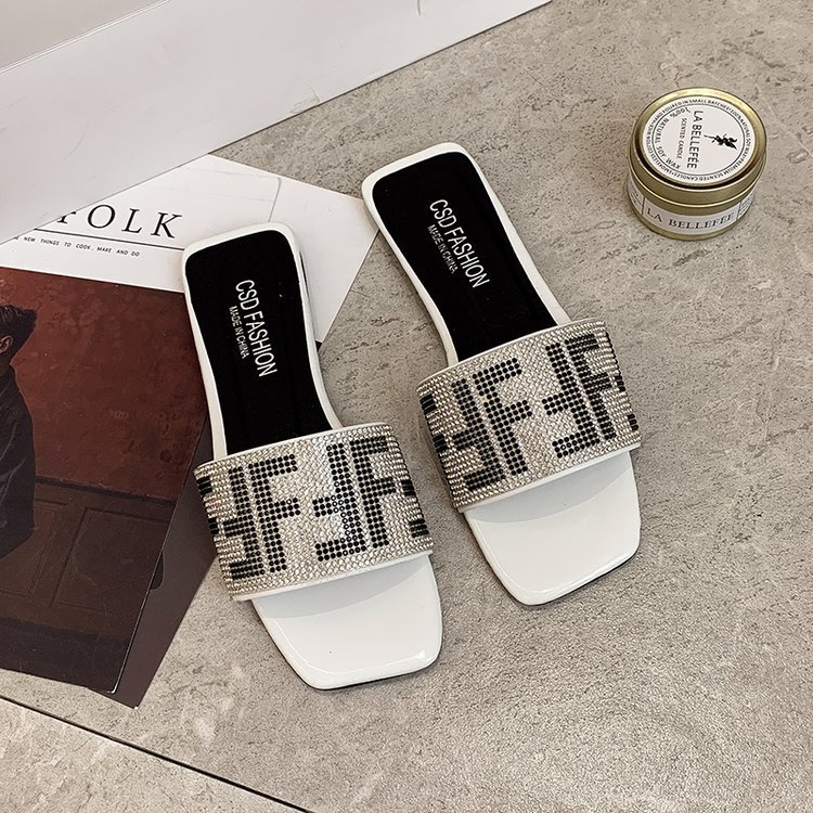 2023 new style Diamonds square toe female outside wear women's shoes slides large size twinkle Slipper for Women