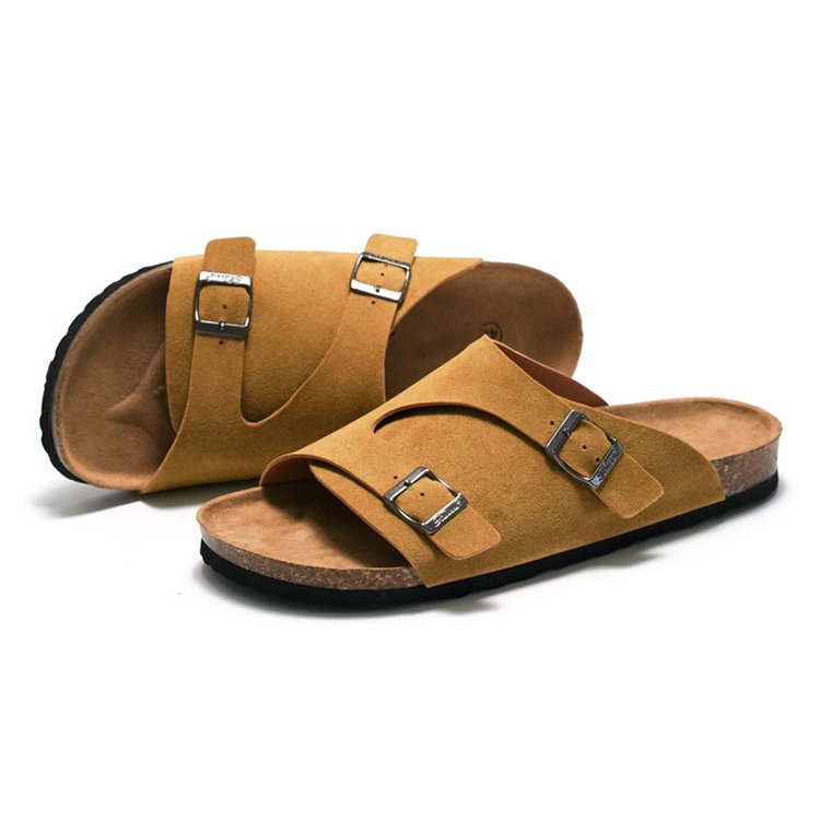 Custom Men's Summer Open Toe Buckle Flats Suede Leather Sandals Cork Birken Slides Slippers for Men