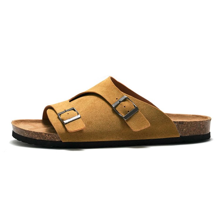 Custom Men's Summer Open Toe Buckle Flats Suede Leather Sandals Cork Birken Slides Slippers for Men