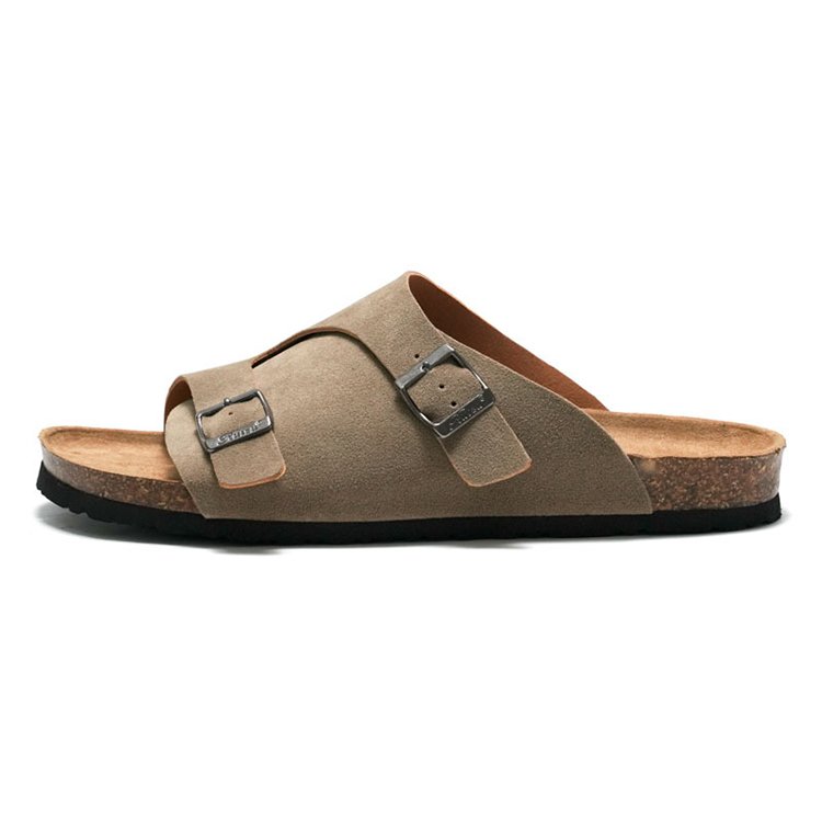 Custom Men's Summer Open Toe Buckle Flats Suede Leather Sandals Cork Birken Slides Slippers for Men