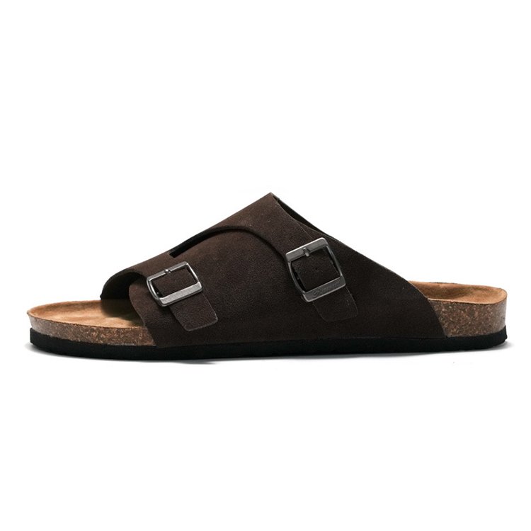 Custom Men's Summer Open Toe Buckle Flats Suede Leather Sandals Cork Birken Slides Slippers for Men