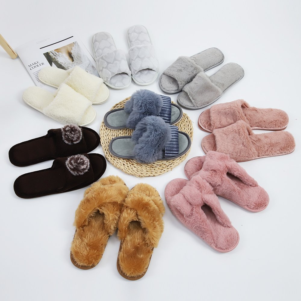 Womens Cross Band Bowknot Slipper Soft Plush Indoor Slip On Fluffy Cross Slippers Faux Fur Slide House Shoes Women