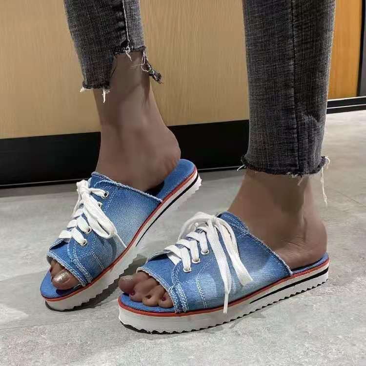Fashion Women Peep-toe denim Sandals Breathable Summer Shoes Comfortable Casual Slippers Ladies New Flat Shoes