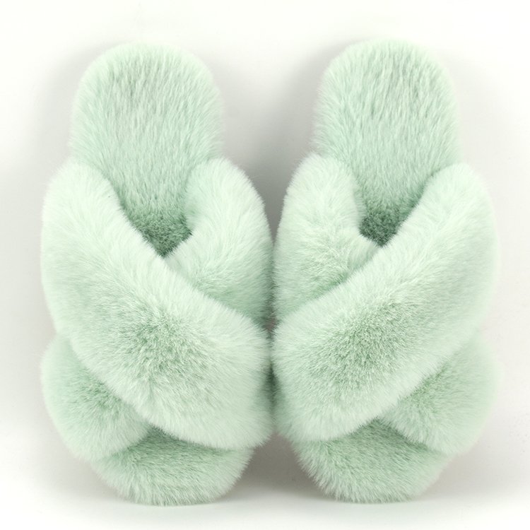 Custom Women's Fuzzy Memory Foam Cross Band Cozy Plush Home Fluffy Furry Open Toe Faux Fur Sheepskin Slides Slippers