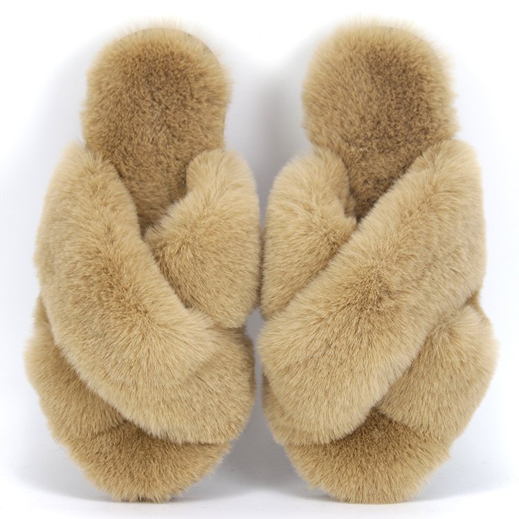 Custom Women's Fuzzy Memory Foam Cross Band Cozy Plush Home Fluffy Furry Open Toe Faux Fur Sheepskin Slides Slippers