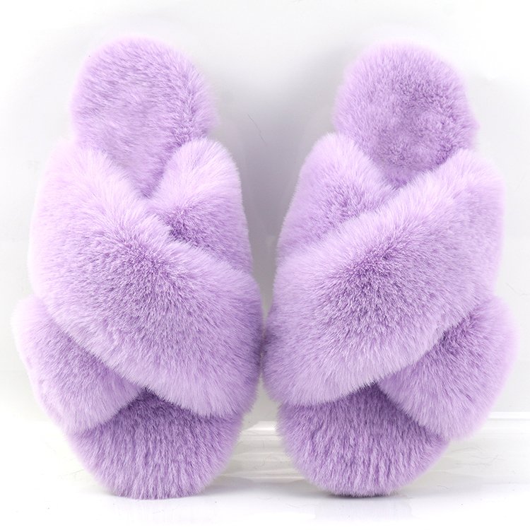 Custom Women's Fuzzy Memory Foam Cross Band Cozy Plush Home Fluffy Furry Open Toe Faux Fur Sheepskin Slides Slippers
