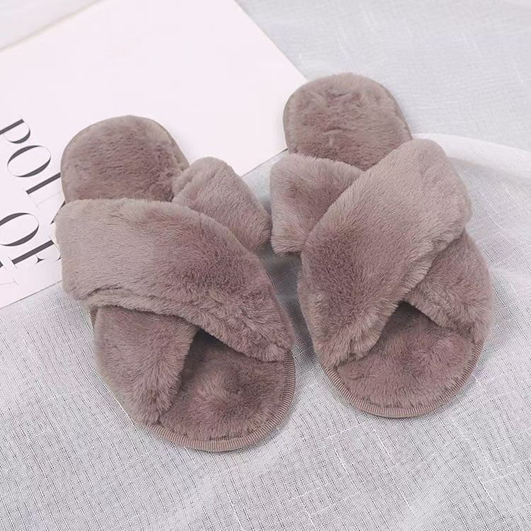 Winter Fashion Women's Soft Indoor Home Fluffy Fuzzy Slippers Fur Cross Open Toe Fur Slides Comfortable Slippers