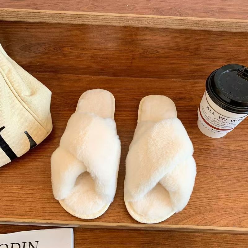 Winter Fashion Women's Soft Indoor Home Fluffy Fuzzy Slippers Fur Cross Open Toe Fur Slides Comfortable Slippers