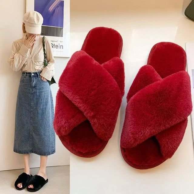 Winter Fashion Women's Soft Indoor Home Fluffy Fuzzy Slippers Fur Cross Open Toe Fur Slides Comfortable Slippers