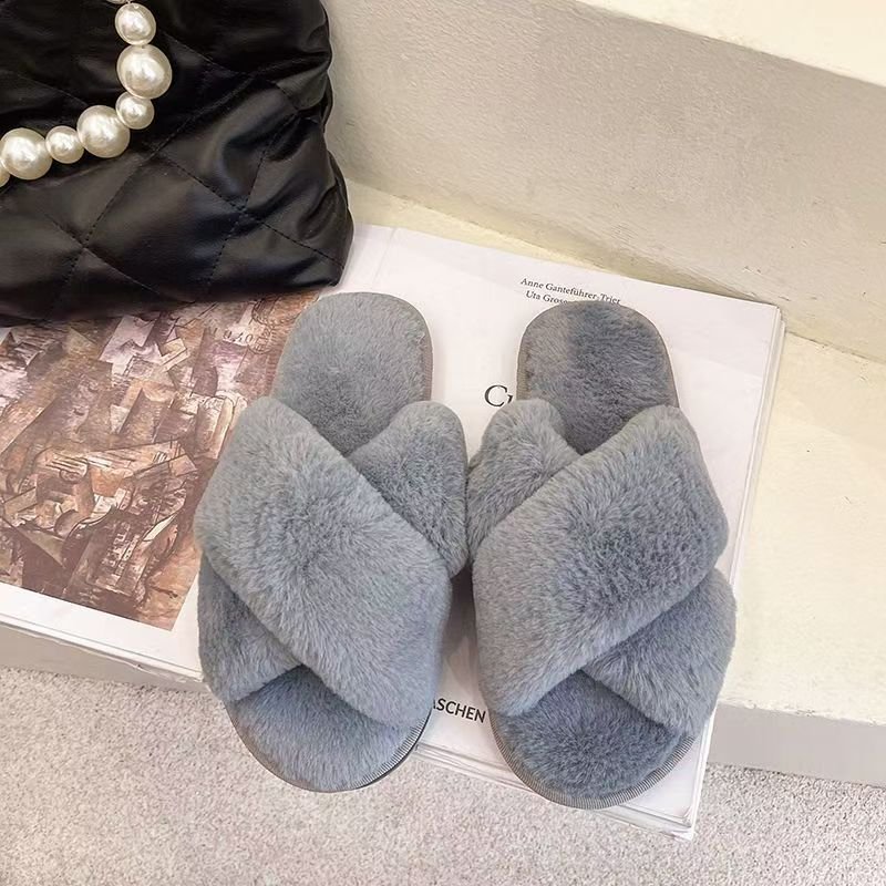 Winter Fashion Women's Soft Indoor Home Fluffy Fuzzy Slippers Fur Cross Open Toe Fur Slides Comfortable Slippers
