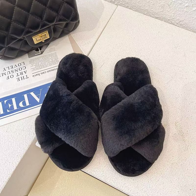Winter Fashion Women's Soft Indoor Home Fluffy Fuzzy Slippers Fur Cross Open Toe Fur Slides Comfortable Slippers