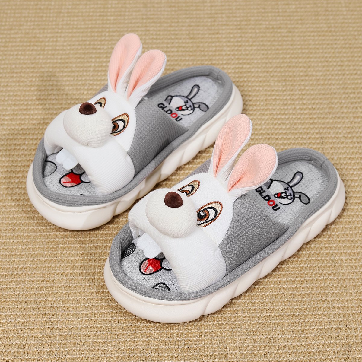 Custom Rabbit sprints Open Toed Thick Sole Soft Slides Slippers Animal Prints Cotton Fabric and Linen Soft Slippers