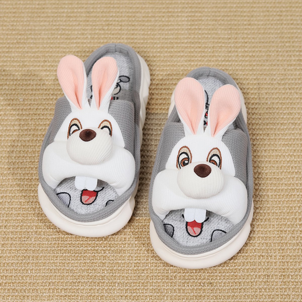 Custom Rabbit sprints Open Toed Thick Sole Soft Slides Slippers Animal Prints Cotton Fabric and Linen Soft Slippers