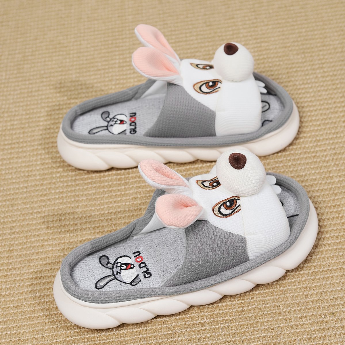 Custom Rabbit sprints Open Toed Thick Sole Soft Slides Slippers Animal Prints Cotton Fabric and Linen Soft Slippers
