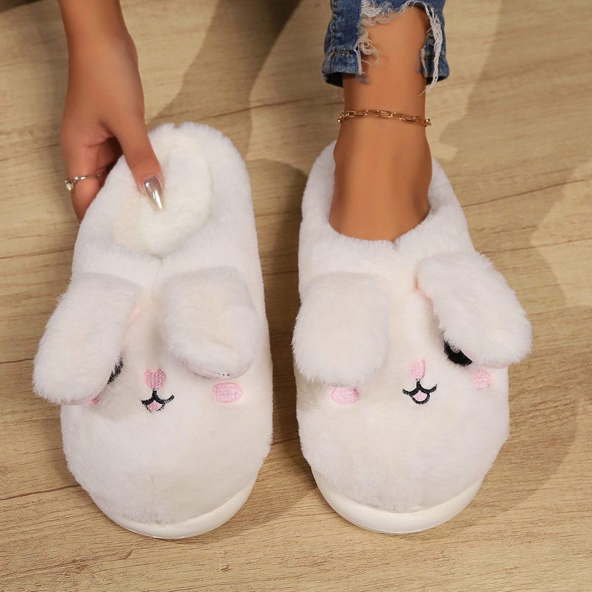 Lovely Pink Rabbit Girl Gift Long Moving Ears Shoes Thermal House Indoor Slides Fluffy Winter Cotton Slippers For Women