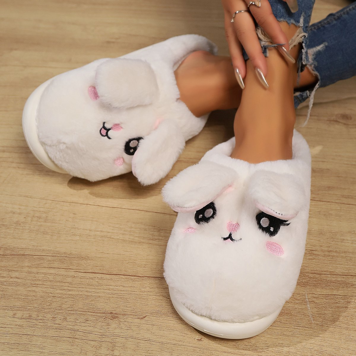 Lovely Pink Rabbit Girl Gift Long Moving Ears Shoes Thermal House Indoor Slides Fluffy Winter Cotton Slippers For Women