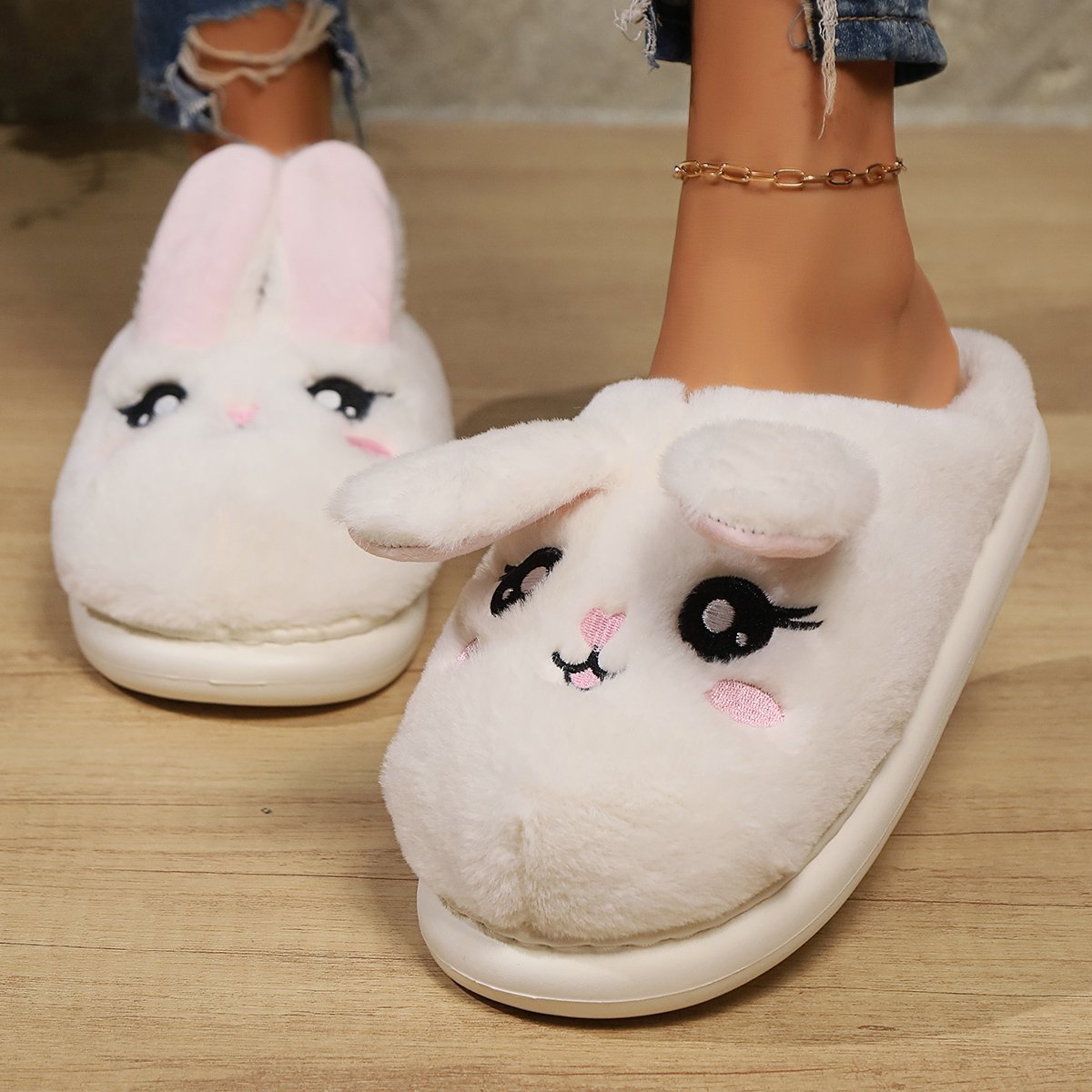 Lovely Pink Rabbit Girl Gift Long Moving Ears Shoes Thermal House Indoor Slides Fluffy Winter Cotton Slippers For Women