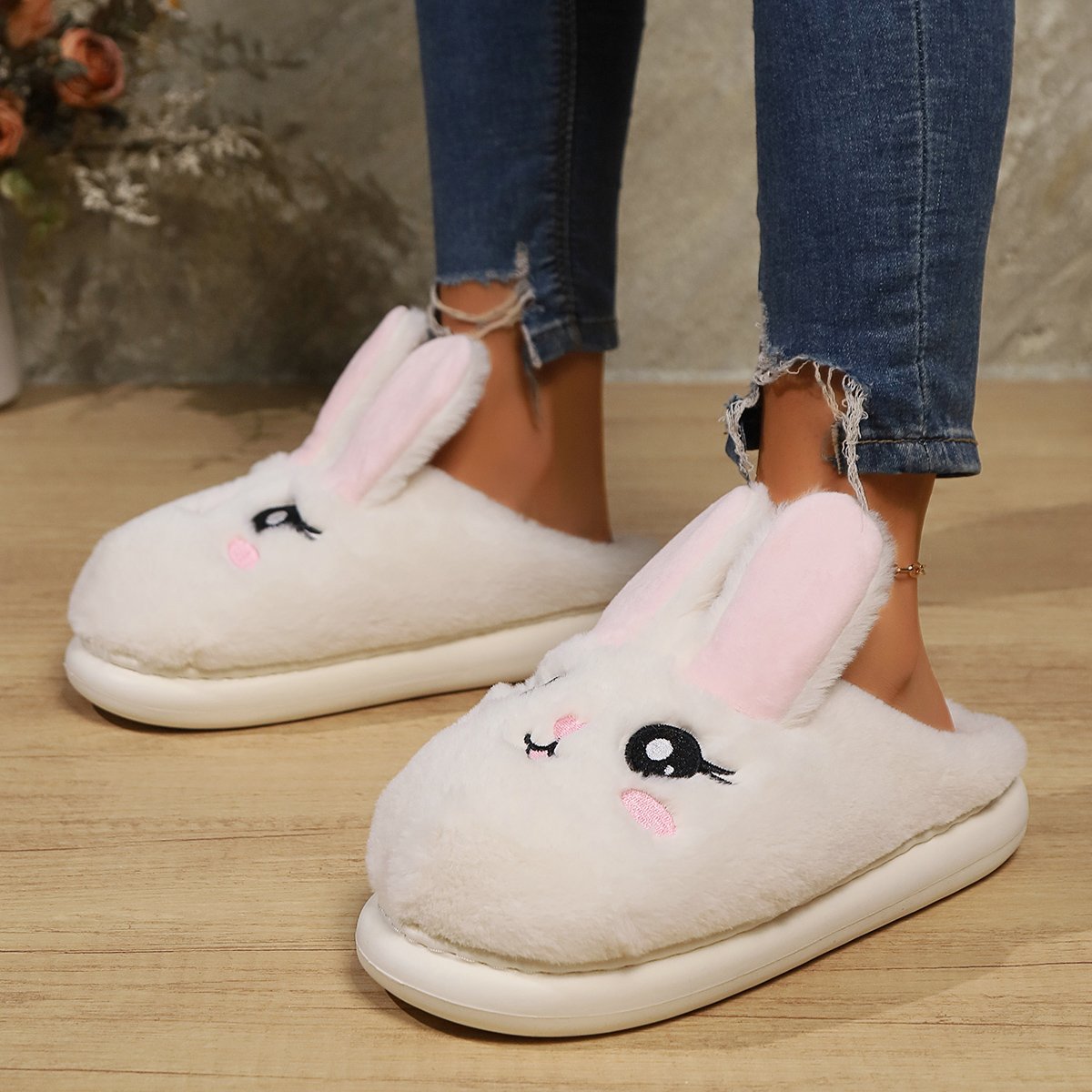 Lovely Pink Rabbit Girl Gift Long Moving Ears Shoes Thermal House Indoor Slides Fluffy Winter Cotton Slippers For Women