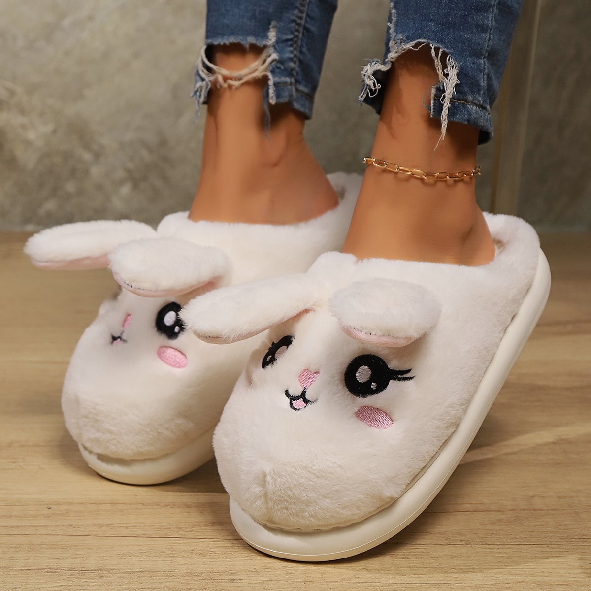 Lovely Pink Rabbit Girl Gift Long Moving Ears Shoes Thermal House Indoor Slides Fluffy Winter Cotton Slippers For Women