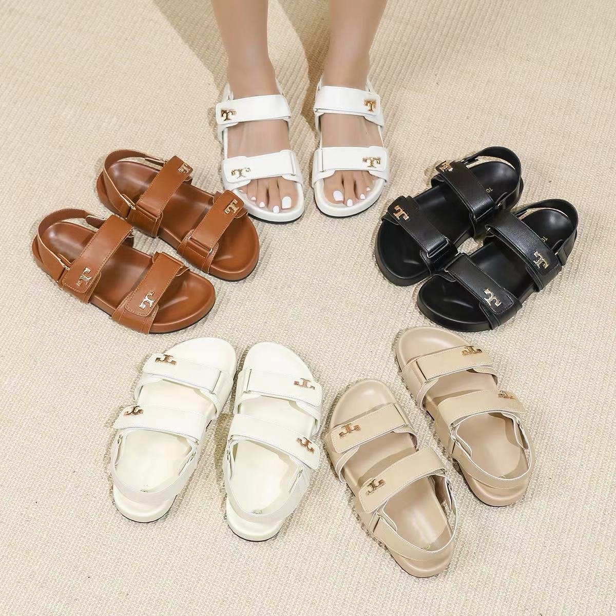 2024 summer leather Velcro doubie-strap ladies luxury slipper sandales femme plat beach sandals for women designer sandals women