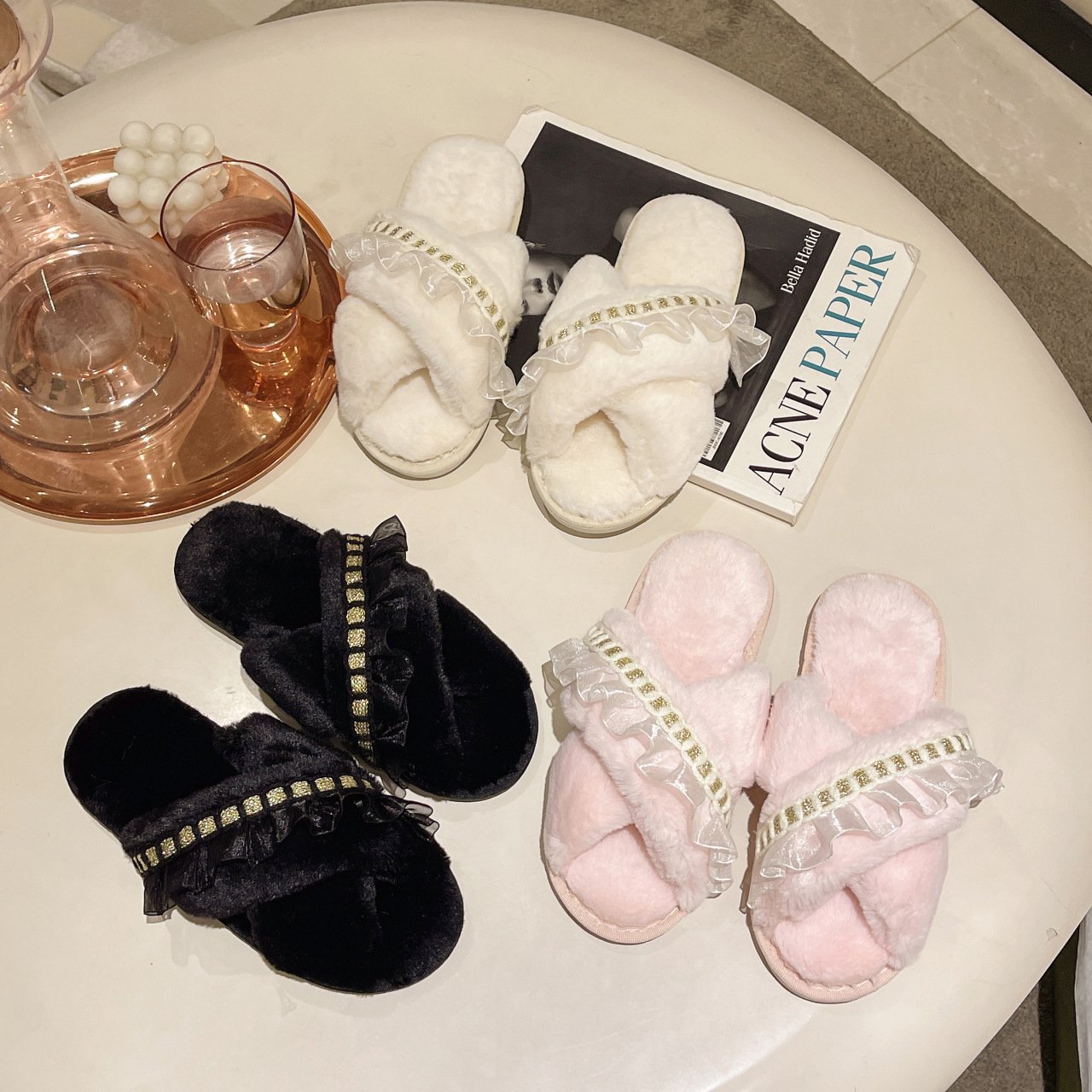 Hot-selling Custom Nylon Lace Fake Rabbit Fur Fluffy Indoor Slippers Plush Women Fashion Home Slippers