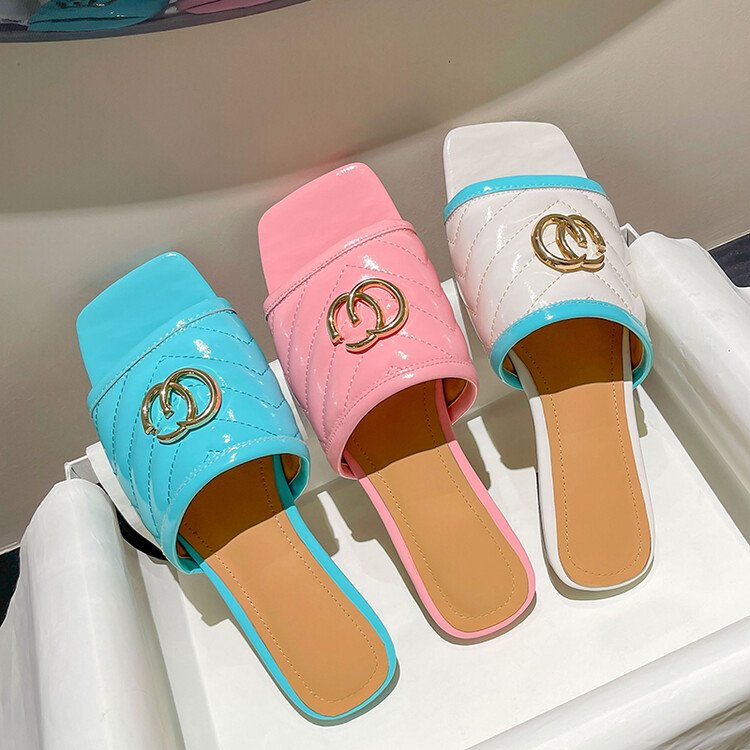 Lady's Fashion Trend Genuine Leather designer Summer Beach Outdoor Casual square Toe Slides Slipper sandals for women and ladies